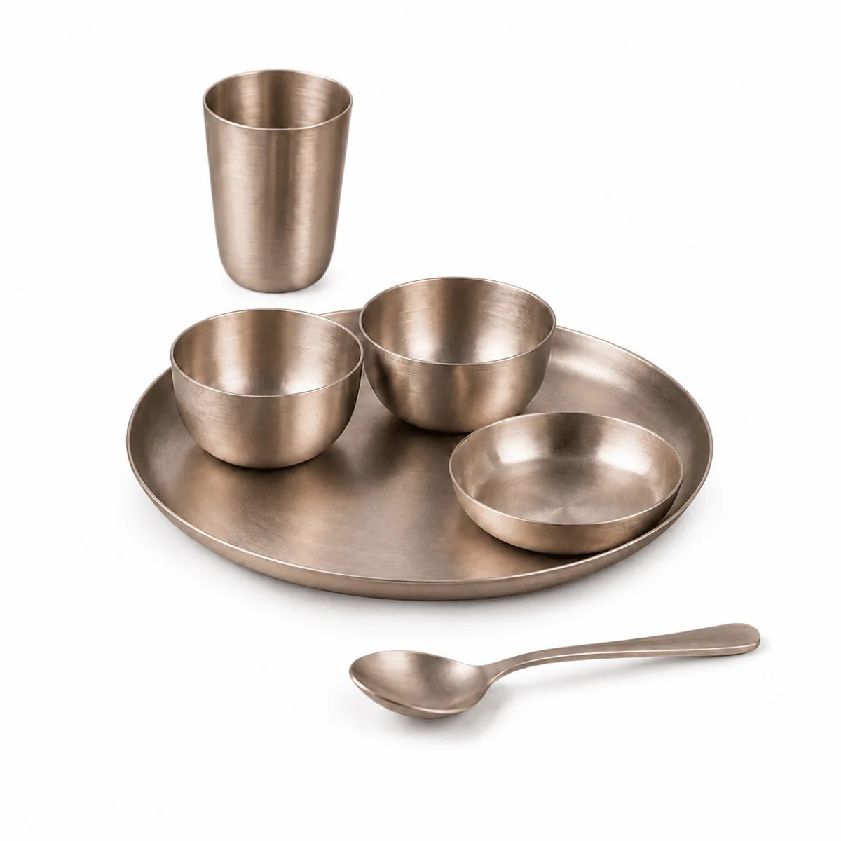 RoyalStuffs 11.8 Inch Matt Finish Kansa Bhojan Set – Traditional 6 Piece Bronze Dinner Set (80:20 Certified Kansa)