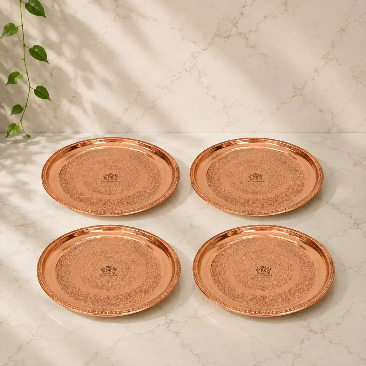 Set of 4 Pure Copper Floral Thali Plates – 12 Inch Handcrafted Copper Dinner Serving Plates