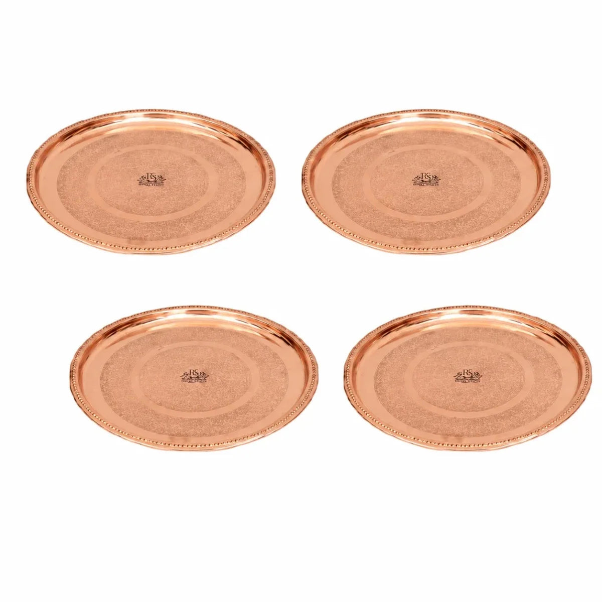 Set of 4 Pure Copper Floral Thali Plates – 12 Inch Handcrafted Copper Dinner Serving Plates