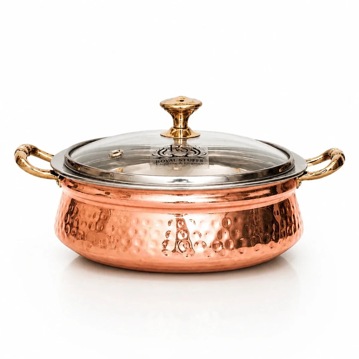 Hammered Copper Handi Bowl with Glass Lid – Stainless Steel Serving Casserole (1300 ML)