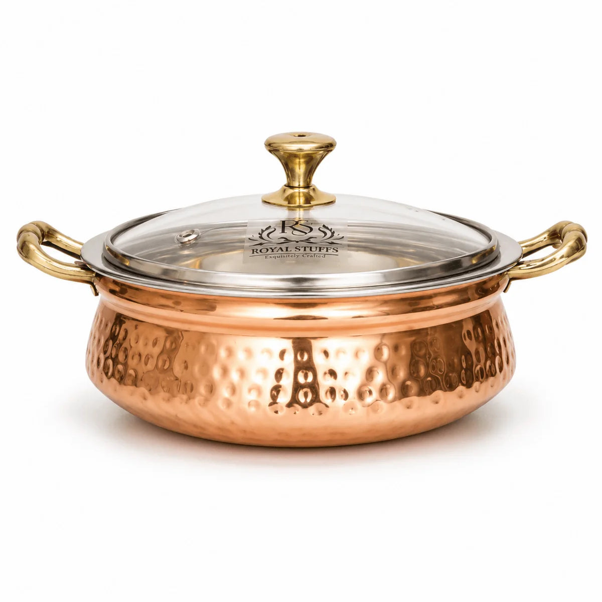 Hammered Copper Handi Bowl with Glass Lid – Stainless Steel Serving Casserole (2200 ML)