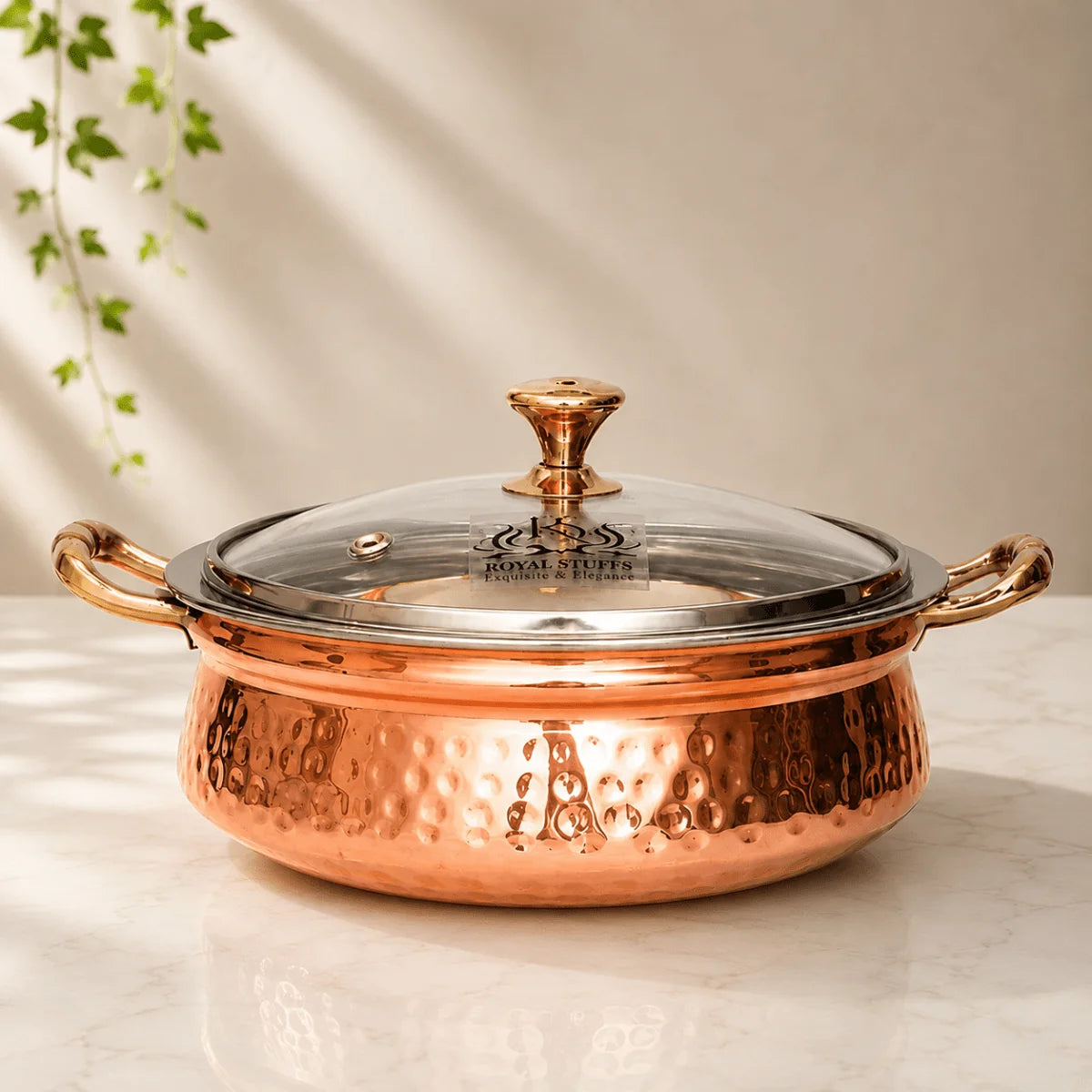 Hammered Copper Handi Bowl with Glass Lid – Stainless Steel Serving Casserole (2200 ML)