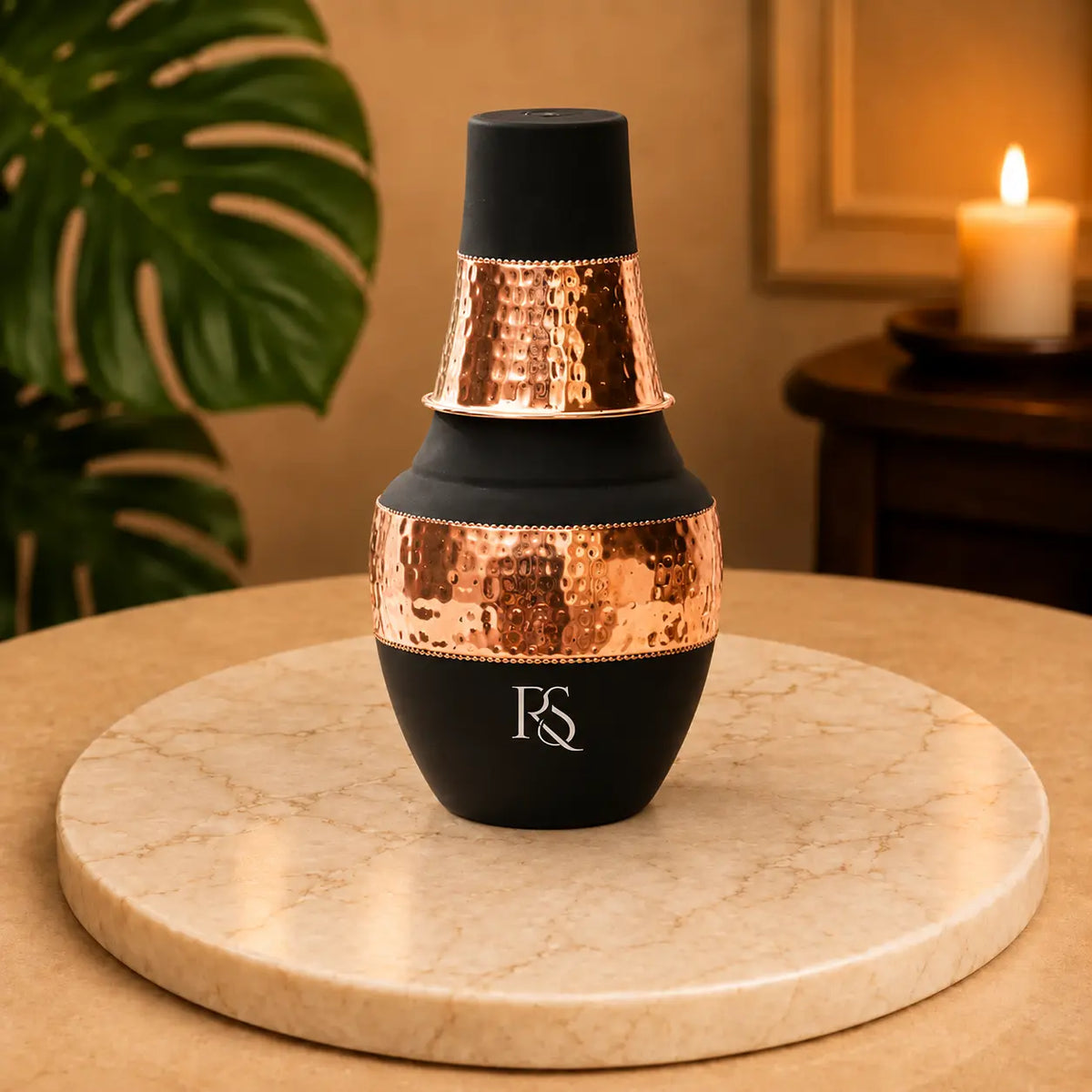 RoyalStuffs Pure Copper Water Bottle with Tumbler – Hammered Design Copper Carafe Bottle (1250 ML)