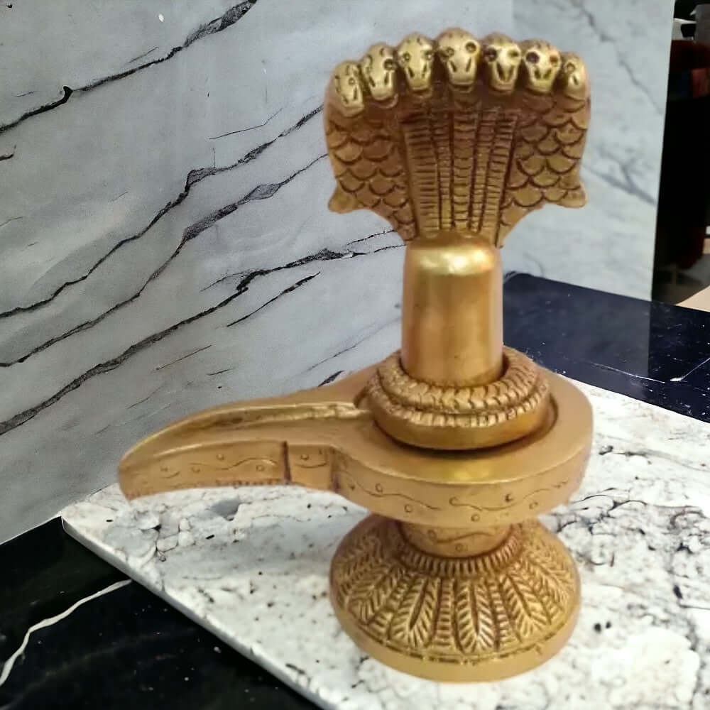 ROYALSTUFFS Brass Shivling with Hand Work on Snakes Decorative Showpiece - 5.5 Inch (Brass, Gold)