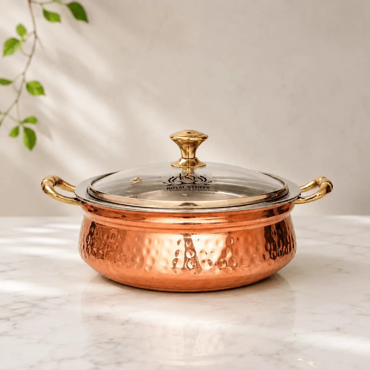 Hammered Copper Handi Bowl with Glass Lid – Stainless Steel Serving Casserole (500 ML)