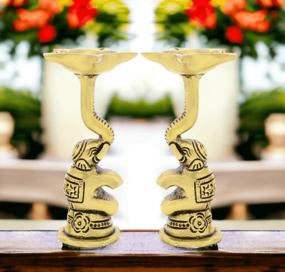 Pair of Elephant Design Handmade Brass Oil Diya Set – Ethnic Decorative Lamps
