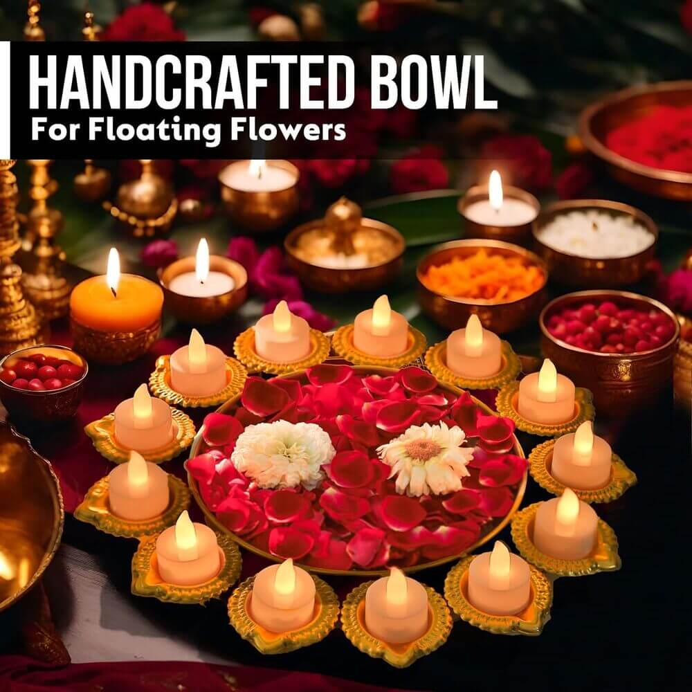 ROYALSTUFFS Metal Urli with Diyas Iron 13 - Cup Candle Holder (Gold, Pack of 1)