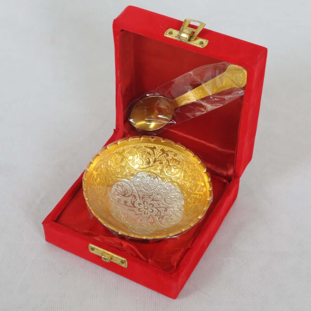 ROYALSTUFFS Pure Silver Plated Gold Polished, Set of Designer 1 Bowl with 1 Spoon with Velvet Box