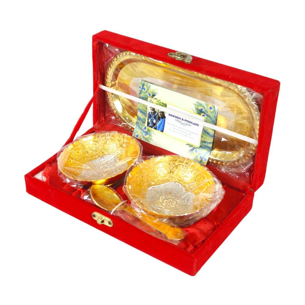ROYALSTUFFS Best Quality Brass With Silver Plating & Gold Polished 2 Bowl, 2 Spoon & 1 Tray Set With Red Velvet Gift Box