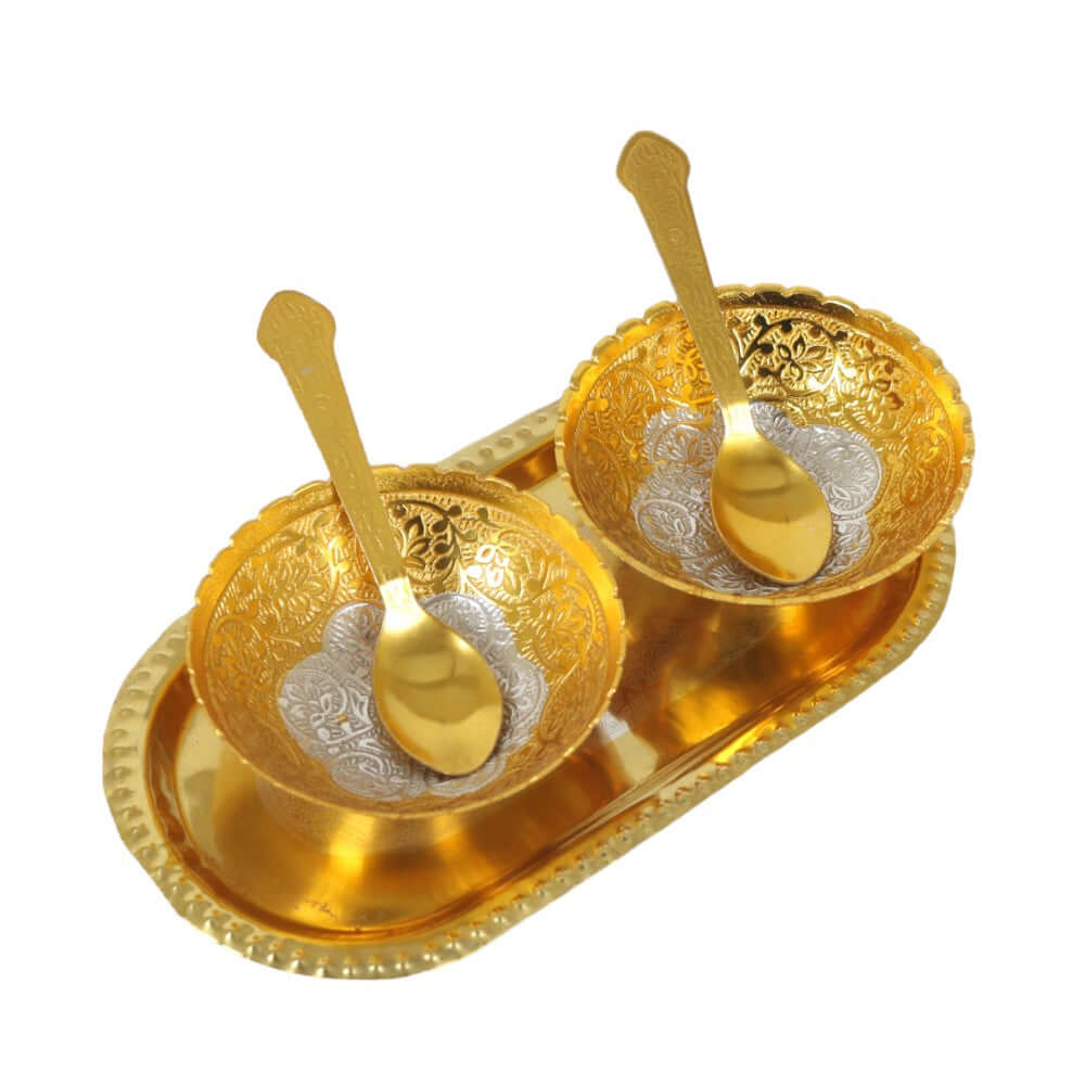 ROYALSTUFFS Best Quality Brass With Silver Plating & Gold Polished 2 Bowl, 2 Spoon & 1 Tray Set With Red Velvet Gift Box