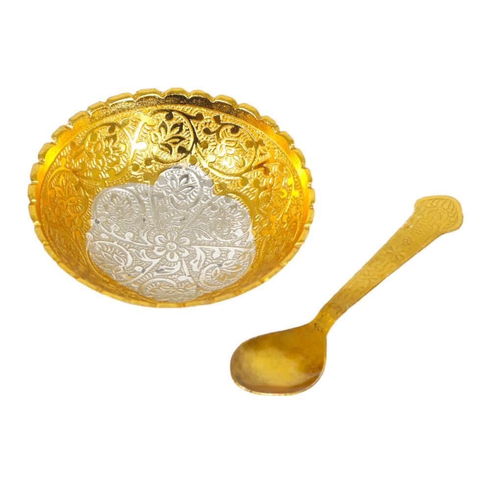 ROYALSTUFFS Pure Silver Plated Gold Polished, Set of Designer 1 Bowl with 1 Spoon with Velvet Box