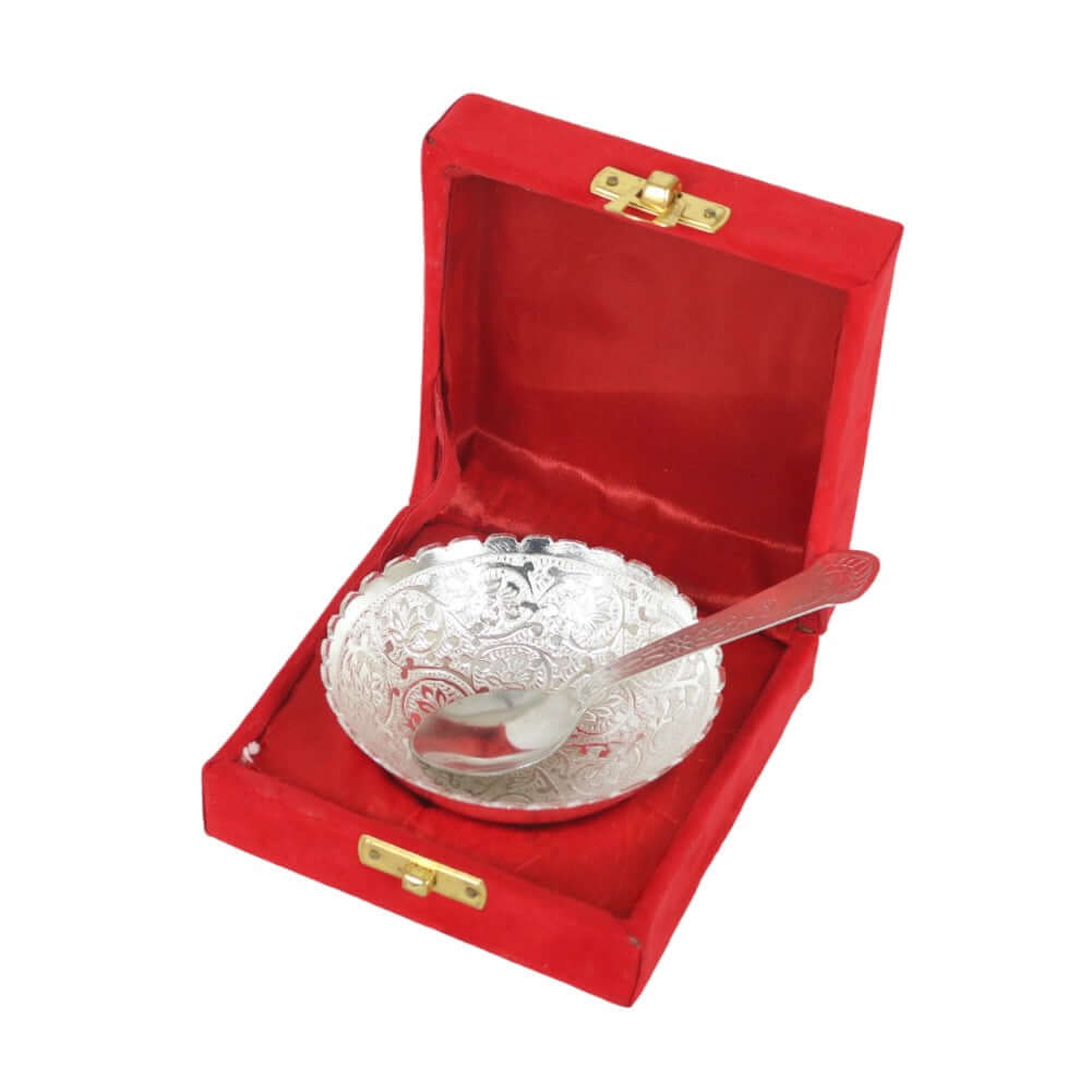 ROYALSTUFFS Silver Plated Floral Design Bowl 130 ML with 1 Spoon