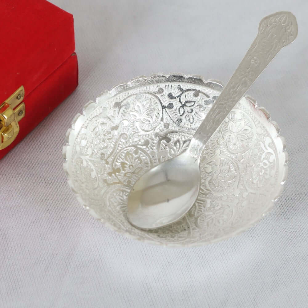 ROYALSTUFFS Silver Plated Floral Design Bowl 130 ML with 1 Spoon