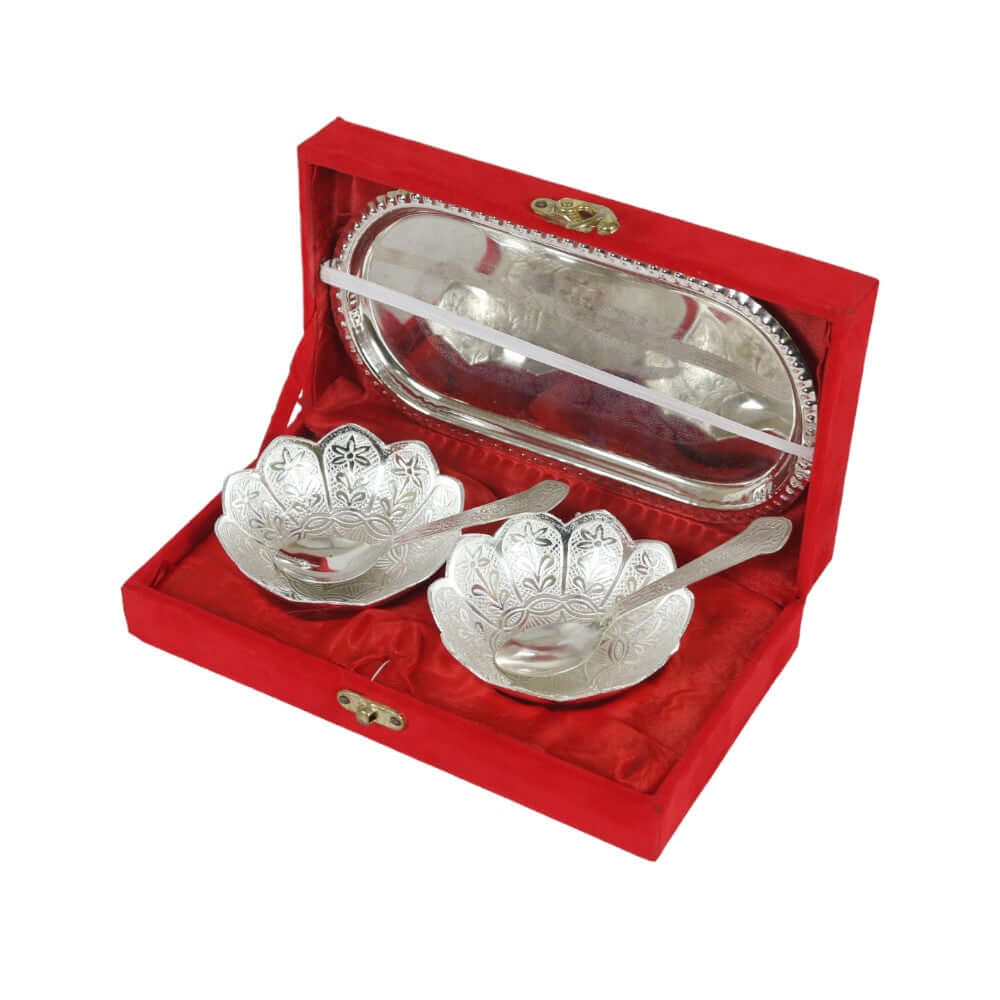ROYALSTUFFS Silver Plated & Polished Lotus Design Set of 2 Bowl with 2 Spoon & 1 Tray, Diwali Festive Gifts Item