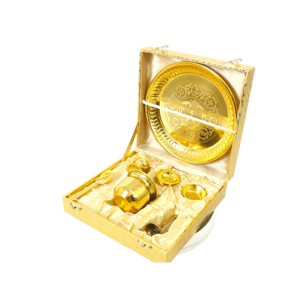 ROYALSTUFFS Pooja Thali Set, Bhagwan Ganesha & Mata Lakshmi Design, Gold Plated Decorative - 8.5 Inch,Pack of 7 with box