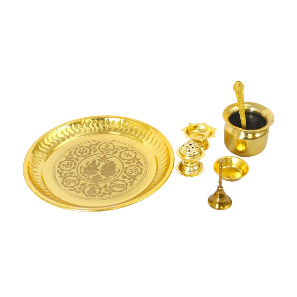 ROYALSTUFFS Pooja Thali Set, Bhagwan Ganesha & Mata Lakshmi Design, Gold Plated Decorative - 8.5 Inch,Pack of 7 with box