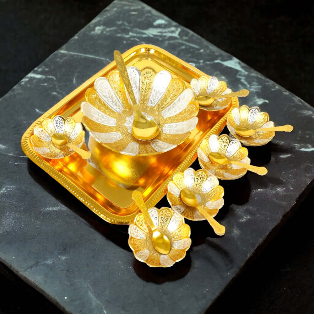 ROYALSTUFFS Silver Plated Gold Polished,Designer Set of 6 Small Bowl & 1 Big Bowl 6 Small Spoon & 1 Big Spoon and 1 Tray