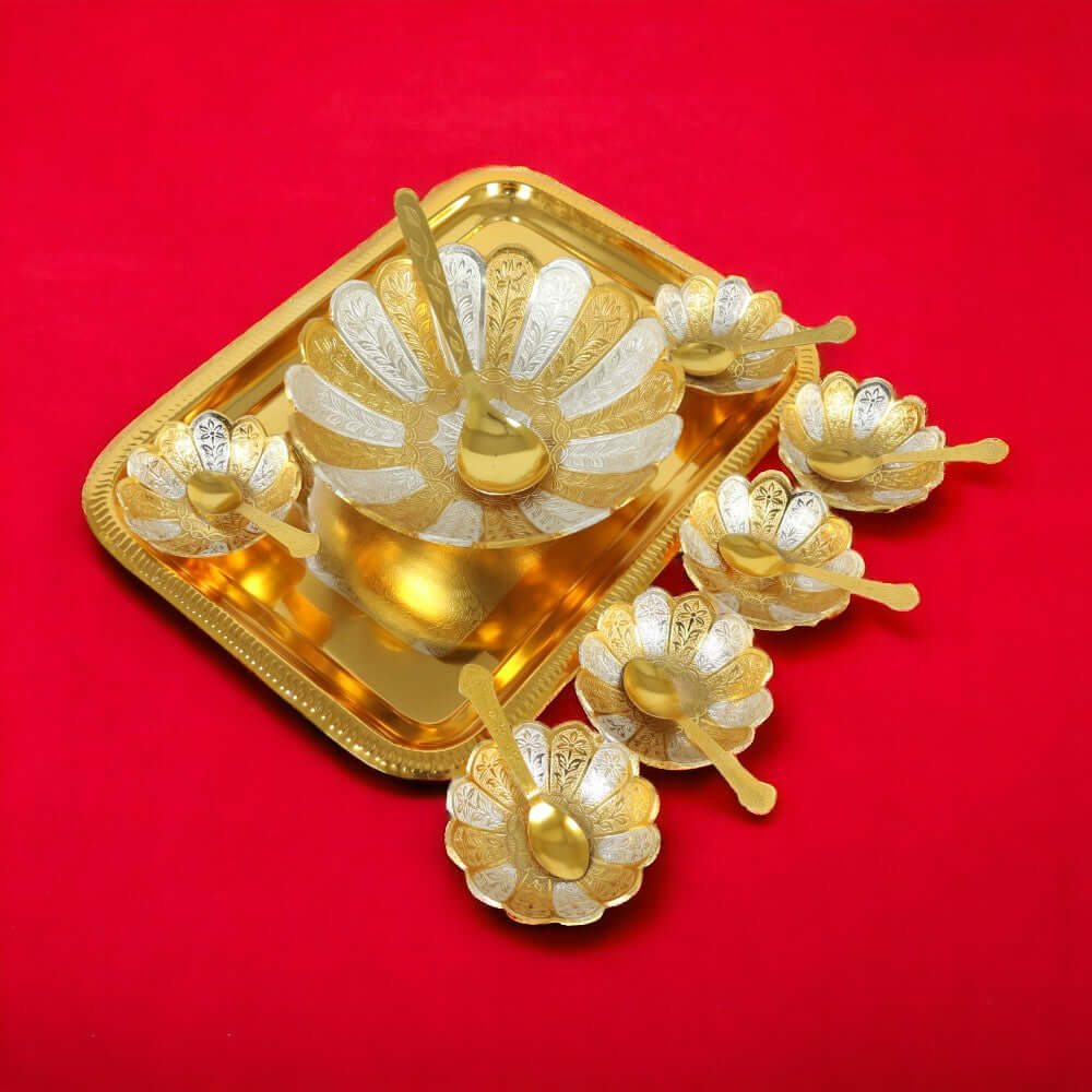 ROYALSTUFFS Silver Plated Gold Polished,Designer Set of 6 Small Bowl & 1 Big Bowl 6 Small Spoon & 1 Big Spoon and 1 Tray