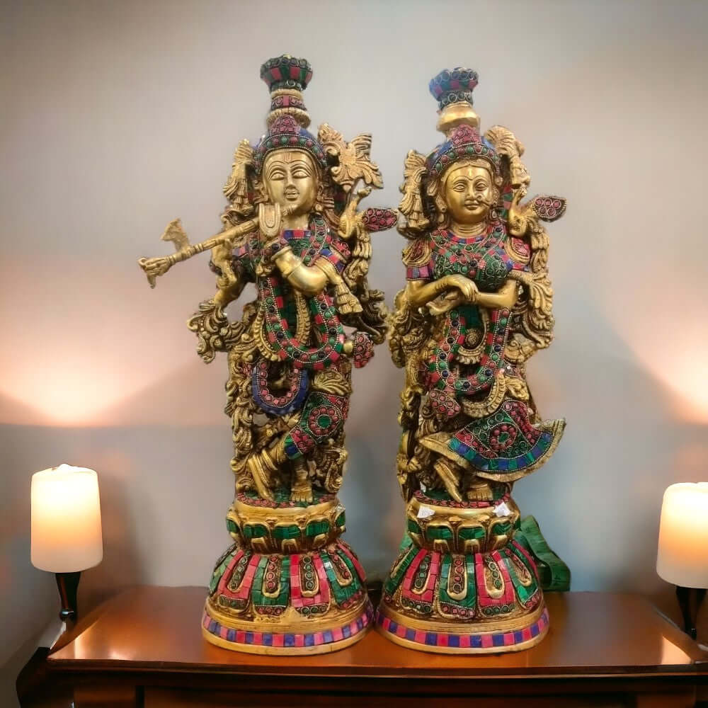 ROYALSTUFFS Brass Big Radha Krishna Idol/Multicolour Stone Work Showpiece/Standing on Flower Base Radhe Krishna Murti/for Home Office Temple/Standard Idol ( 17.8 Kg)