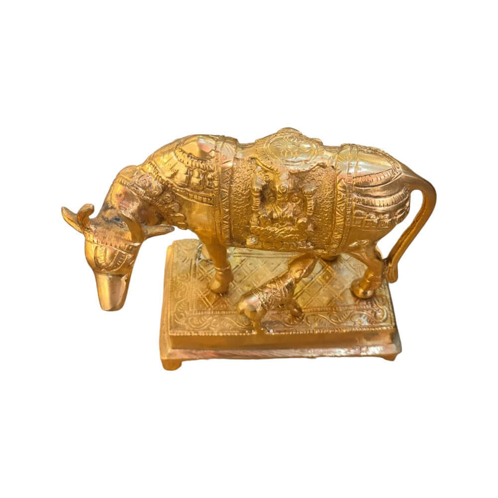 ROYALSTUFFS Kamdhenu Collections Brass statue Cow And Calf Statue Showpiece 5 inches height
