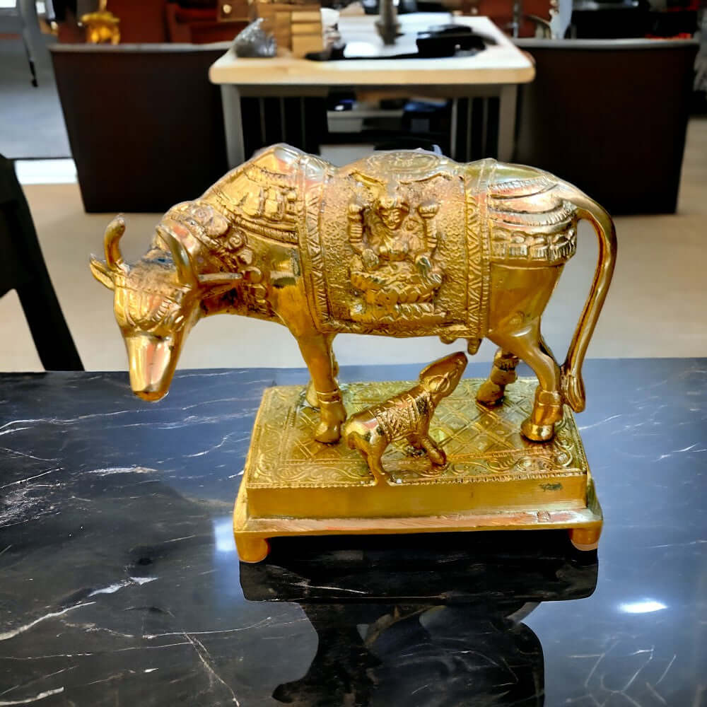 ROYALSTUFFS Kamdhenu Collections Brass statue Cow And Calf Statue Showpiece 5 inches height