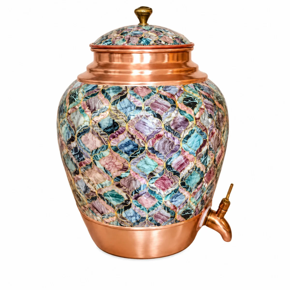 RoyalStuffs Copper Water Dispenser with Abstract Meena Art – 10 Liter Printed Copper Storage Container with Brass Tap