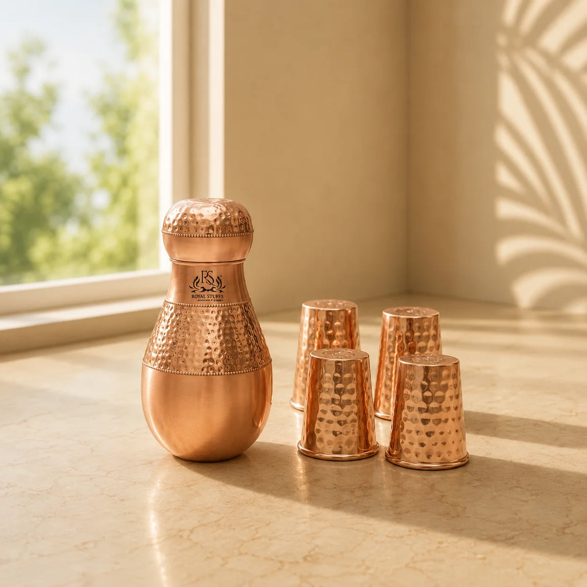 RoyalStuffs Pure Copper Bedroom Carafe Set – Hammered Copper Water Vessel with 4 Glasses (1600 ML)