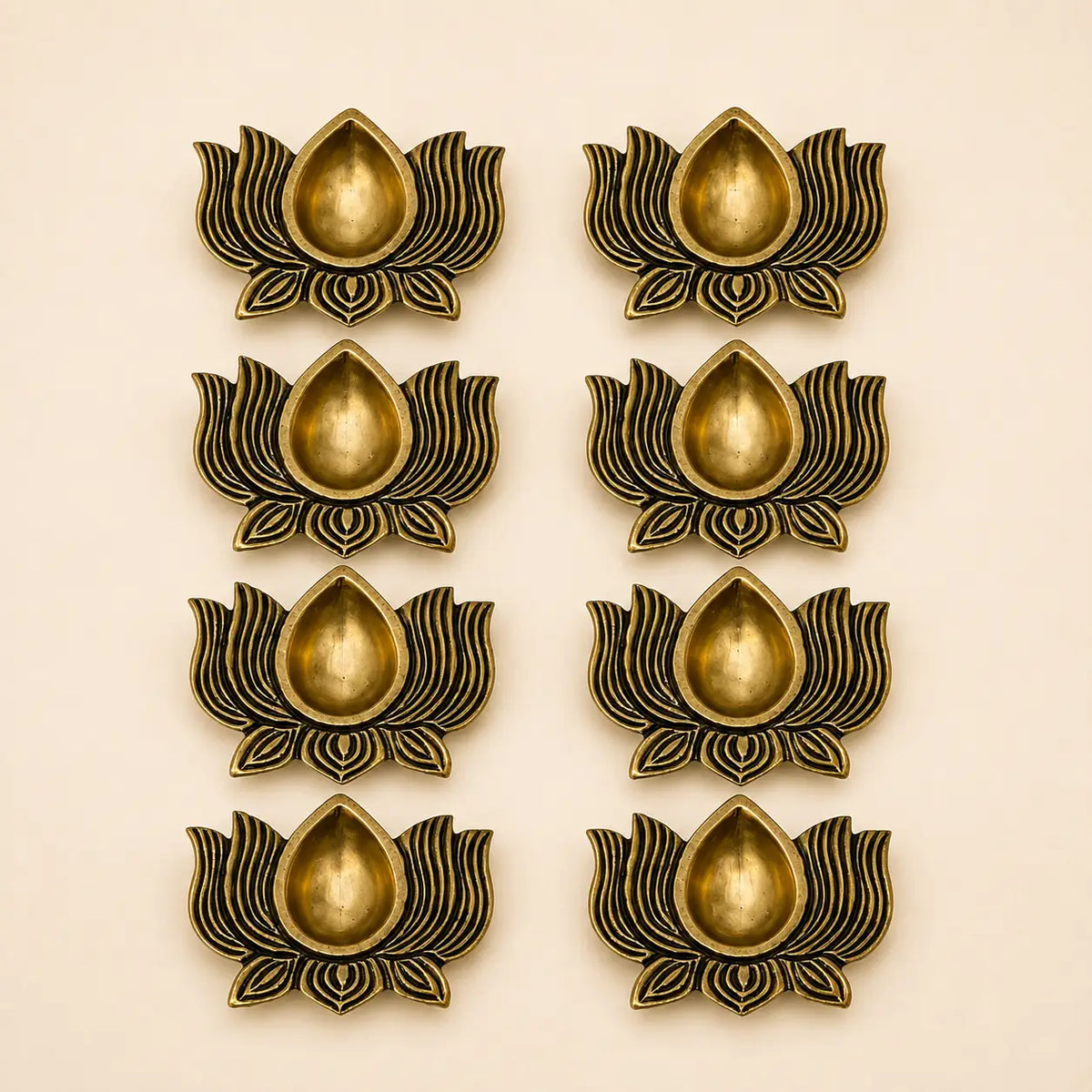 Indian Diwali Oil Lamp Pooja Diya Brass Light Lotus Kamal Laxmi Vilakku Decorative Wicks Diyas Set of 8 – Gold Finish