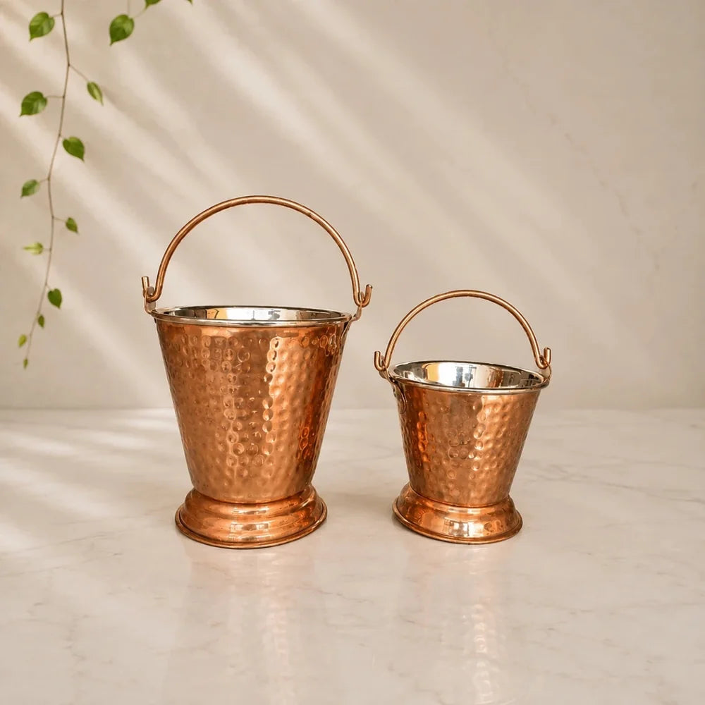 Bucket Set Of 2 Handmade Pure Steel Copper Bucket/Balti Hammered Design With Handle