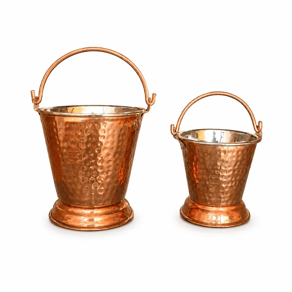 Bucket Set Of 2 Handmade Pure Steel Copper Bucket/Balti Hammered Design With Handle