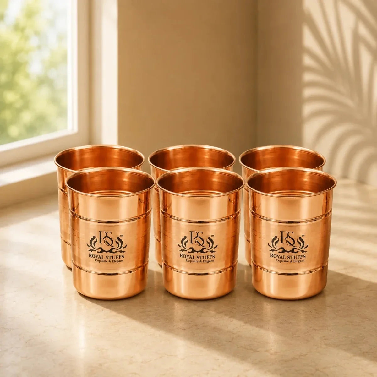 Pure Copper Glass Tumbler Set of 6 – Handmade Drinkware Tableware Collection