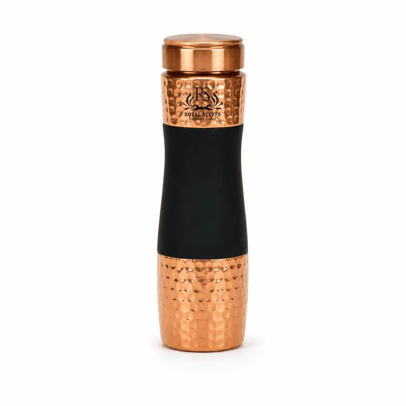 RoyalStuffs Pure Copper Hammered Bedside Carafe with Tumbler Lid – Black Designer Water Bottle (1000 ML)