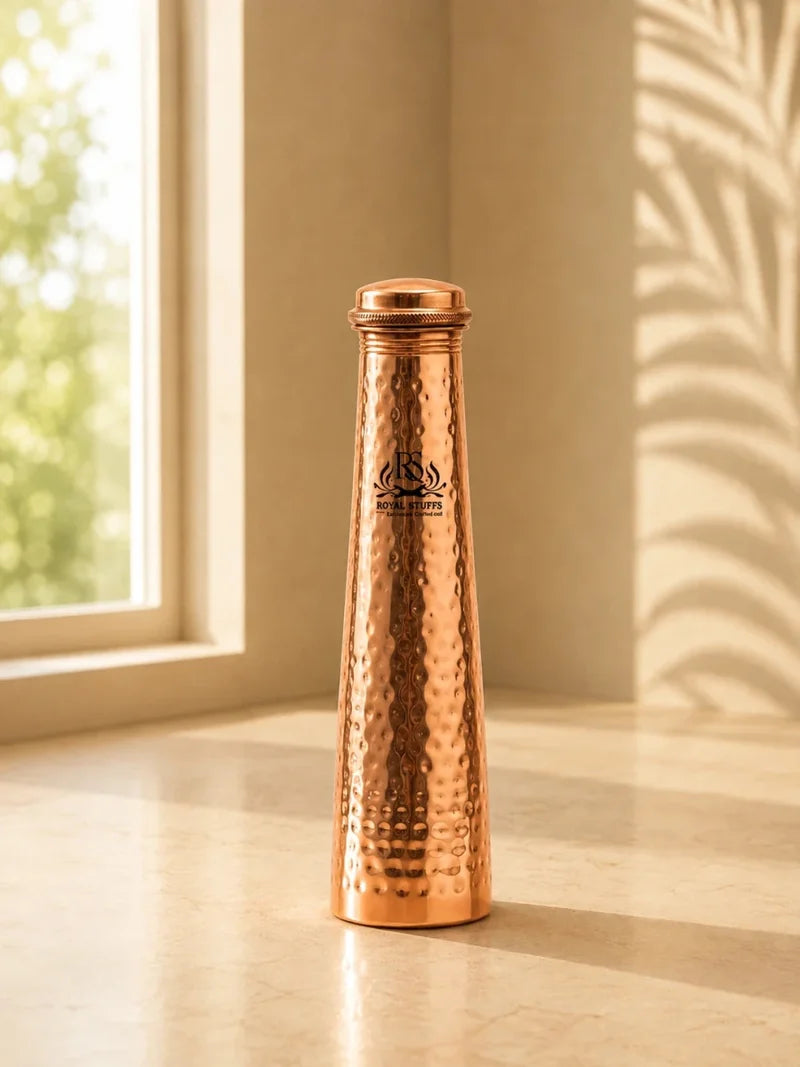 RoyalStuffs Leak-Proof Pure Copper Hammered Bottle – Tower Shape Yoga & Sports Water Bottle (700 ML)
