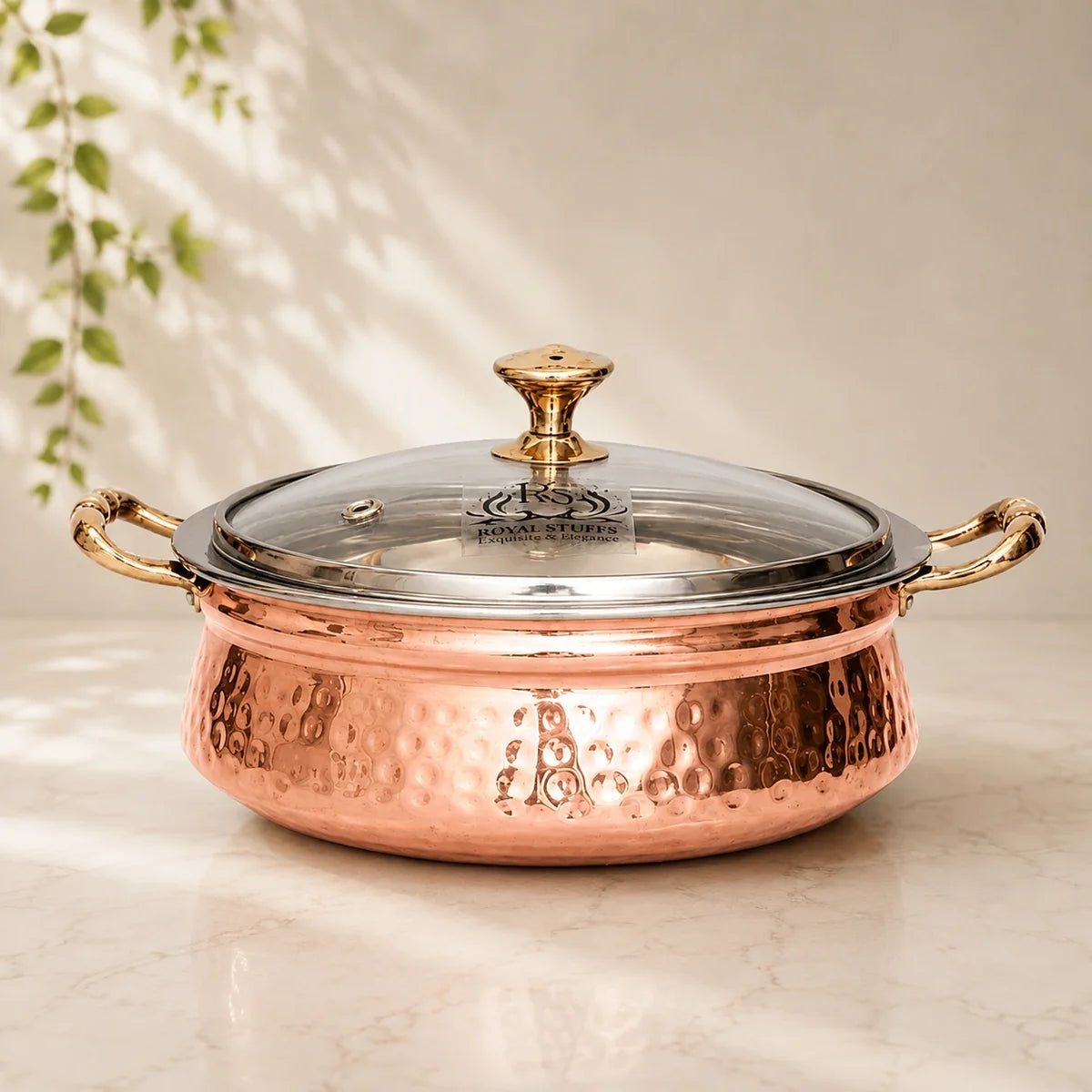 Hammered Copper Casserole with Glass Lid – Steel Interior Serving Bowl (780 ML)