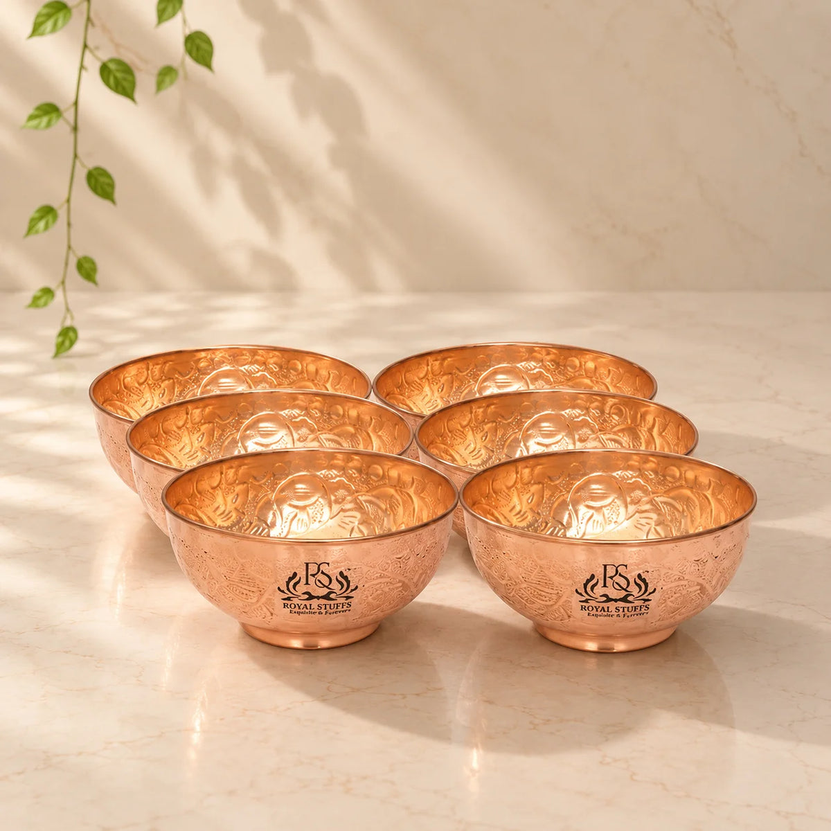 Set of 6 Embossed Leaf Design Copper Bowls – Handmade Serving Bowls (440 ML Each)