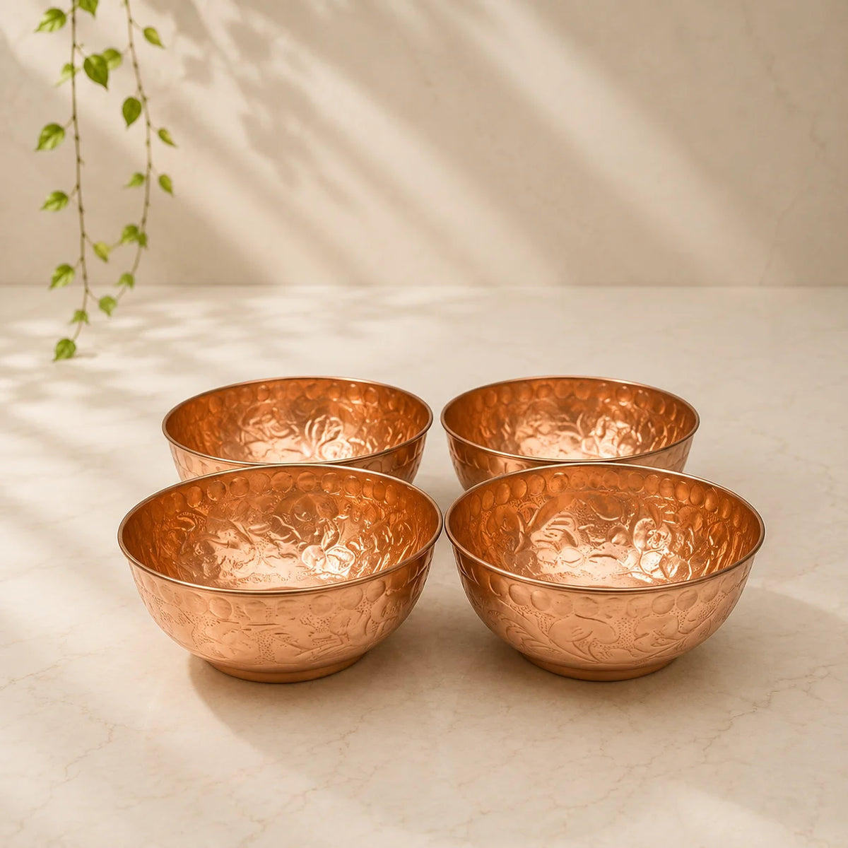 Set of 4 Embossed Leaf Design Copper Bowls – Handmade Serving Bowls (440 ML Each)