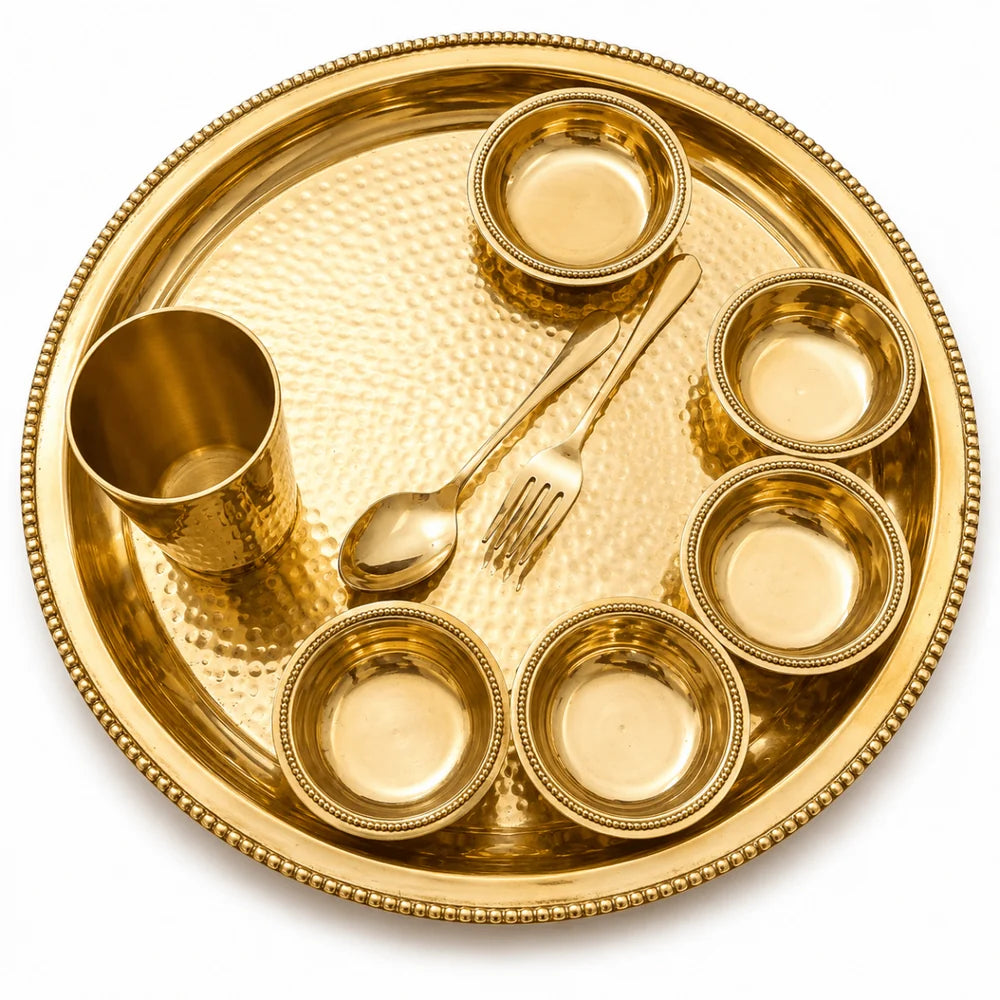Extra Large Brass Thali Set 15.5 Inch (2.2 Kg) – Grand Maharaja Dining Set with 6 Bowls & Glass