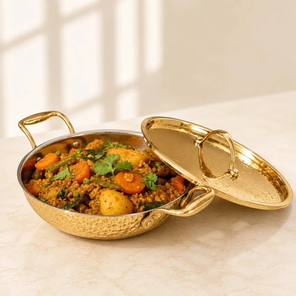 Flat Base Brass Kadhai with Lid & Tin (Kalai) Coating – Traditional Heavy Brass Cookware | RoyalStuffs