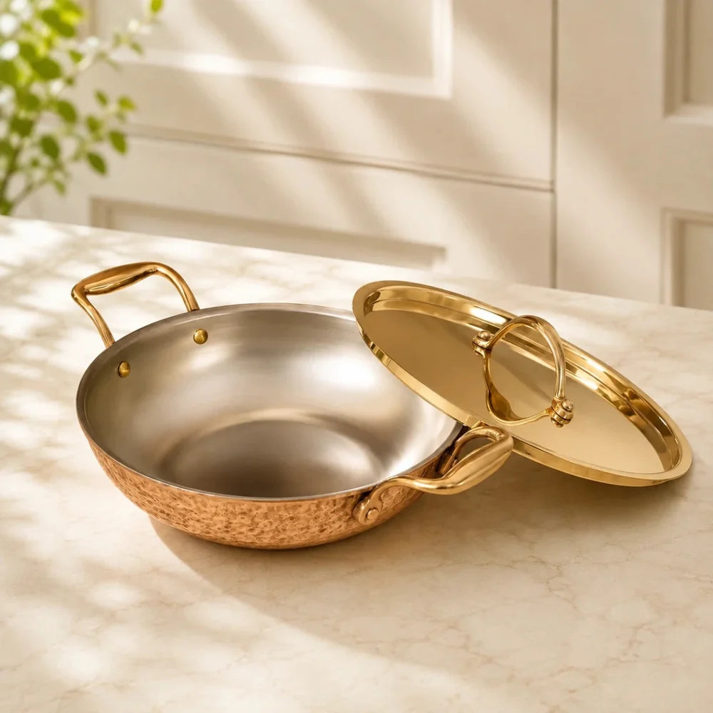 Flat Base Brass Kadhai with Lid & Tin (Kalai) Coating – Traditional Heavy Brass Cookware | RoyalStuffs