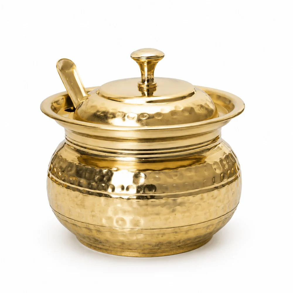 Golden Antique Hammered Brass Ghee Pot with Lid & Spoon | RoyalStuffs