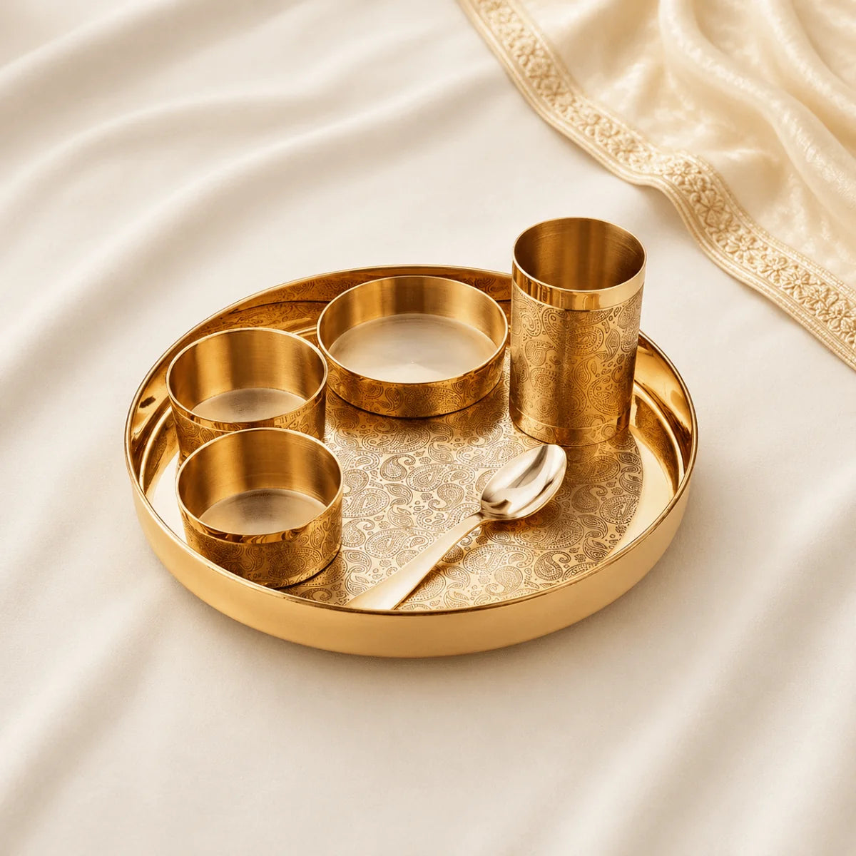 Good Luck Brass Thaali Set – Handcrafted Etched Dinnerware