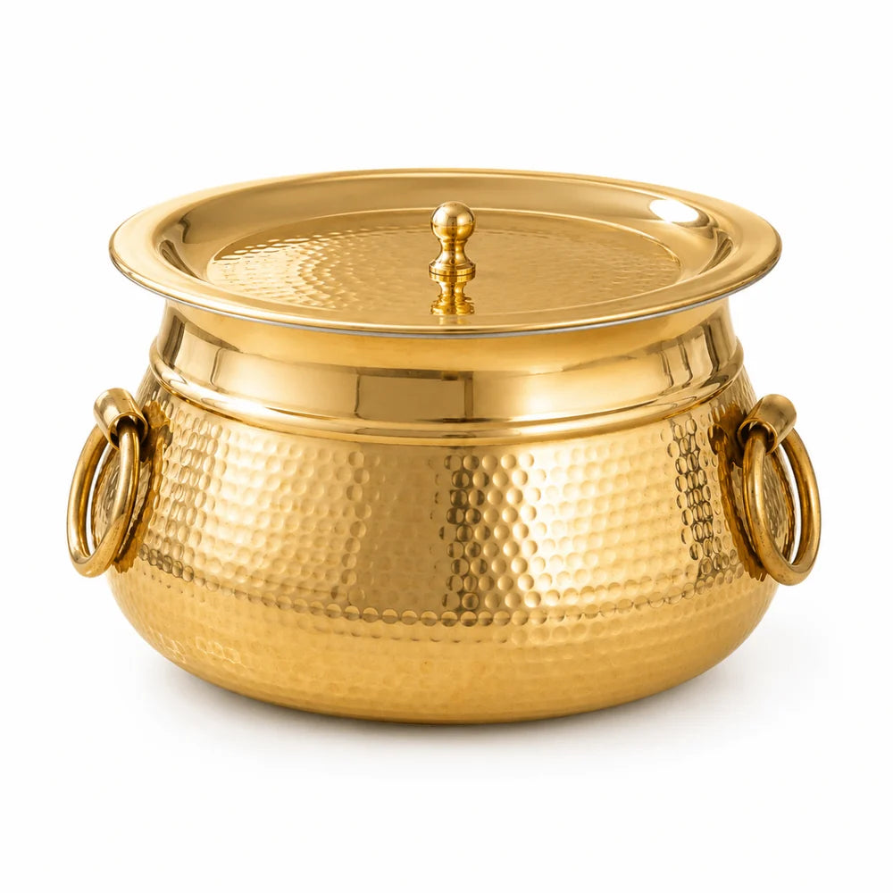 Hammered Brass Degchi Pot with Lid & Tin (Kalai) Coating – Traditional Heavy Brass Cooking Vessel | 3 Sizes | RoyalStuffs