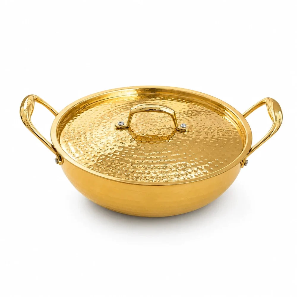 Hammered Brass Kadhai with Lid & Tin (Kalai) Coating – Traditional Heavy Brass Cooking & Serving Kadhai | 3 Sizes | RoyalStuffs