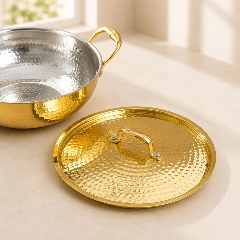 Hammered Brass Kadhai with Lid & Tin (Kalai) Coating – Traditional Heavy Brass Cooking & Serving Kadhai | 3 Sizes | RoyalStuffs