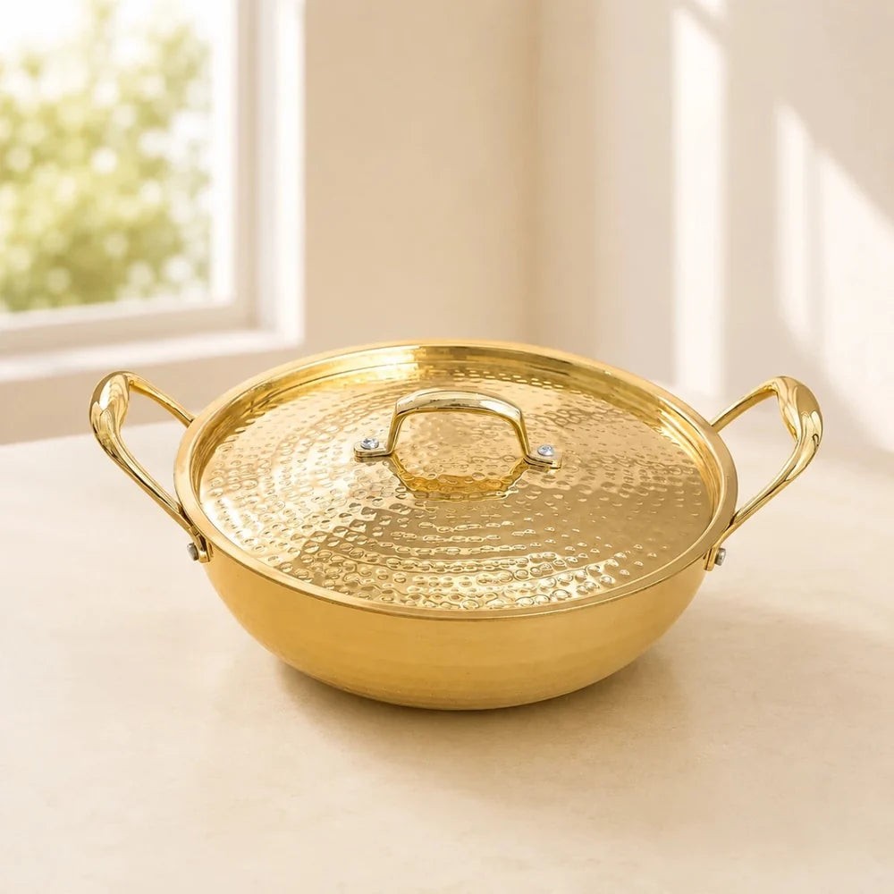 Hammered Brass Kadhai with Lid & Tin (Kalai) Coating – Traditional Heavy Brass Cooking & Serving Kadhai | 3 Sizes | RoyalStuffs
