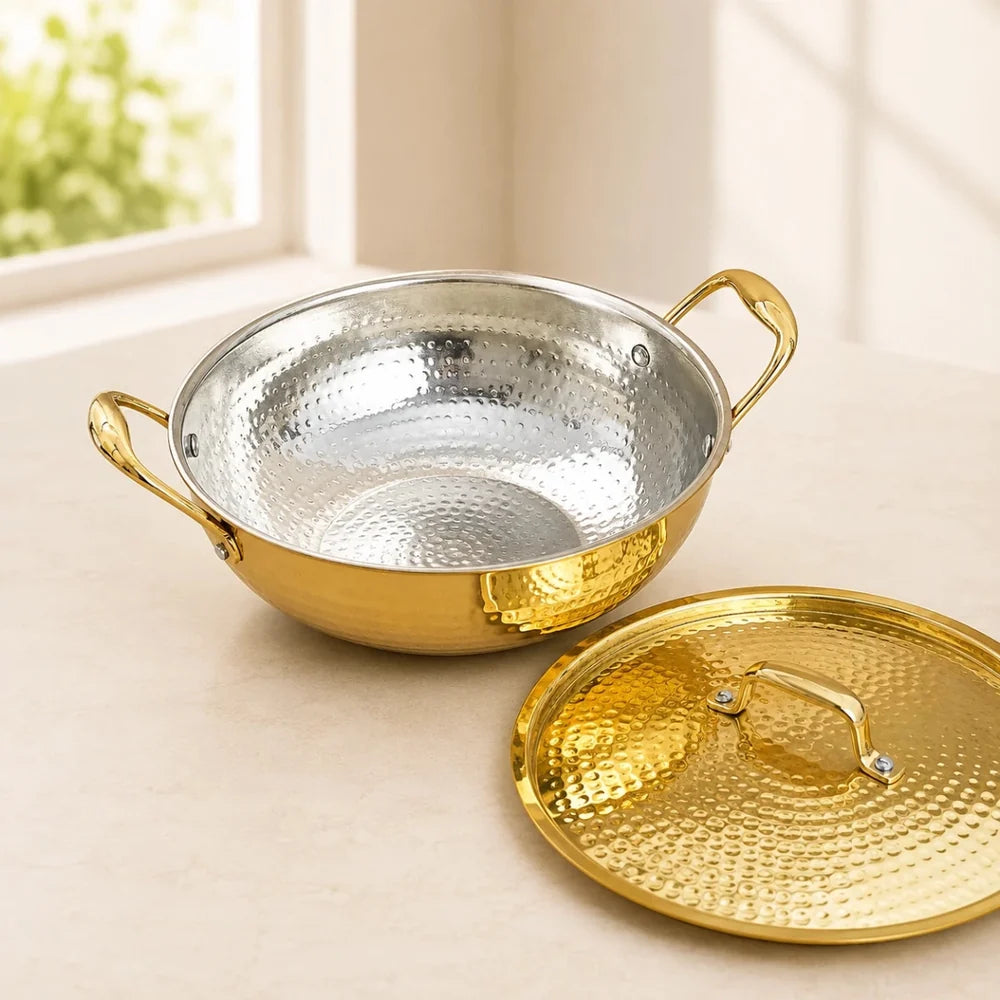 Hammered Brass Kadhai with Lid & Tin (Kalai) Coating – Traditional Heavy Brass Cooking & Serving Kadhai | 3 Sizes | RoyalStuffs
