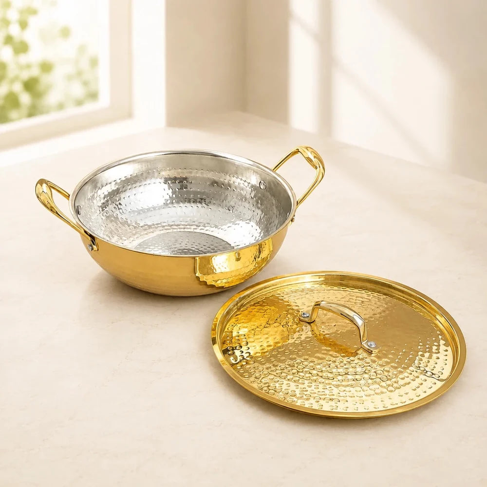 Hammered Brass Kadhai with Lid & Tin (Kalai) Coating – Traditional Heavy Brass Cooking & Serving Kadhai | 3 Sizes | RoyalStuffs