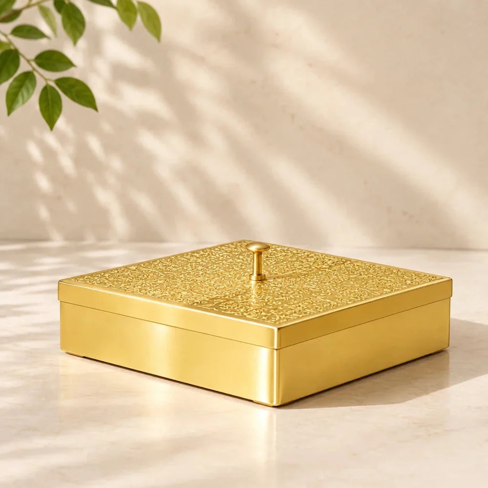 Hammered Brass Masaladani Square Shape with Tin (Kalai) Coating – Premium Spice Box with Lid & Spoon | Medium | RoyalStuffs