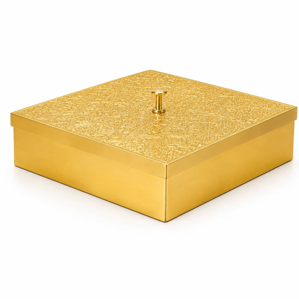 Hammered Brass Masaladani Square Shape with Tin (Kalai) Coating – Premium Spice Box with Lid & Spoon | Medium | RoyalStuffs