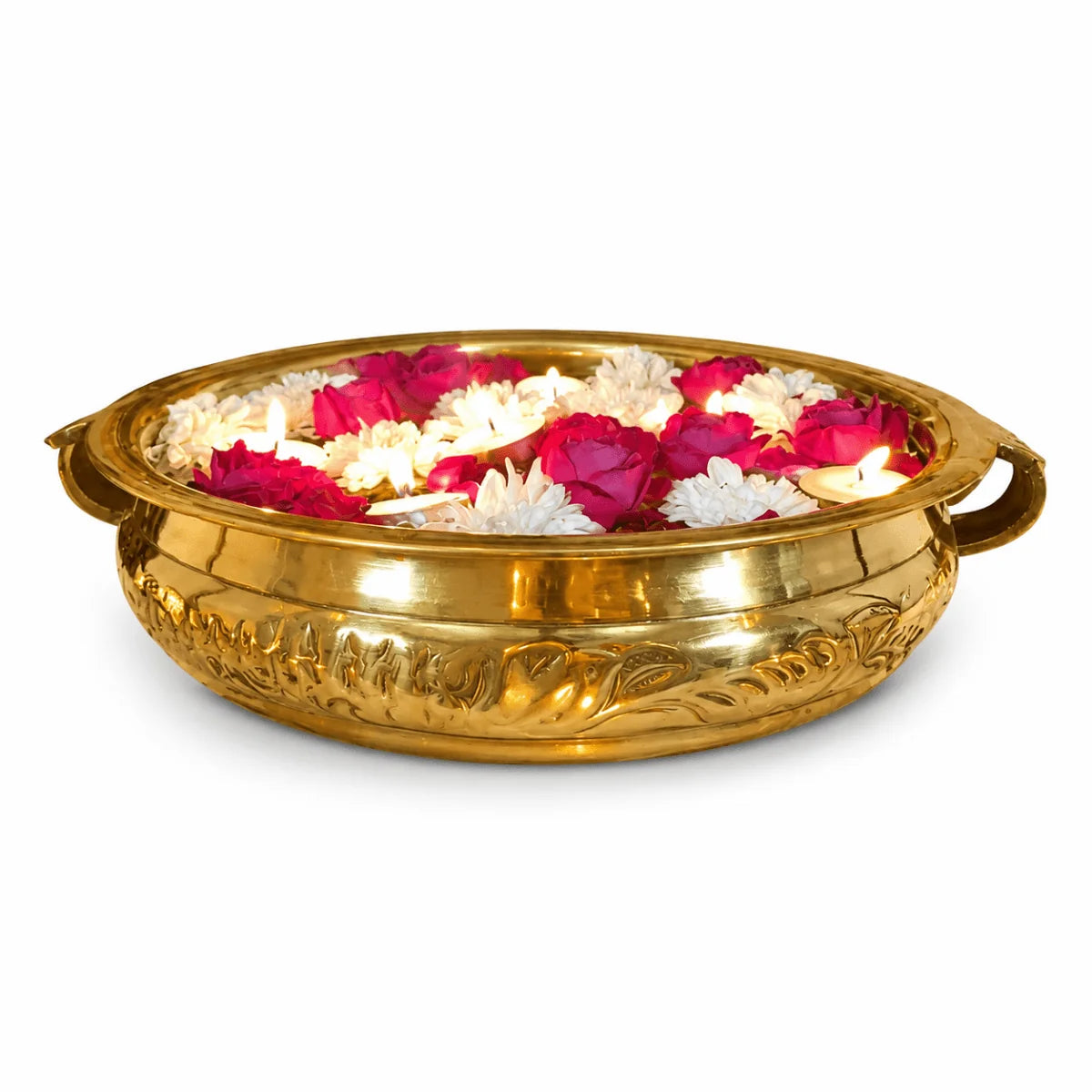 Royal Handcrafted Brass Urli Bowl – Floral Design Decorative Pot (12 Inch)